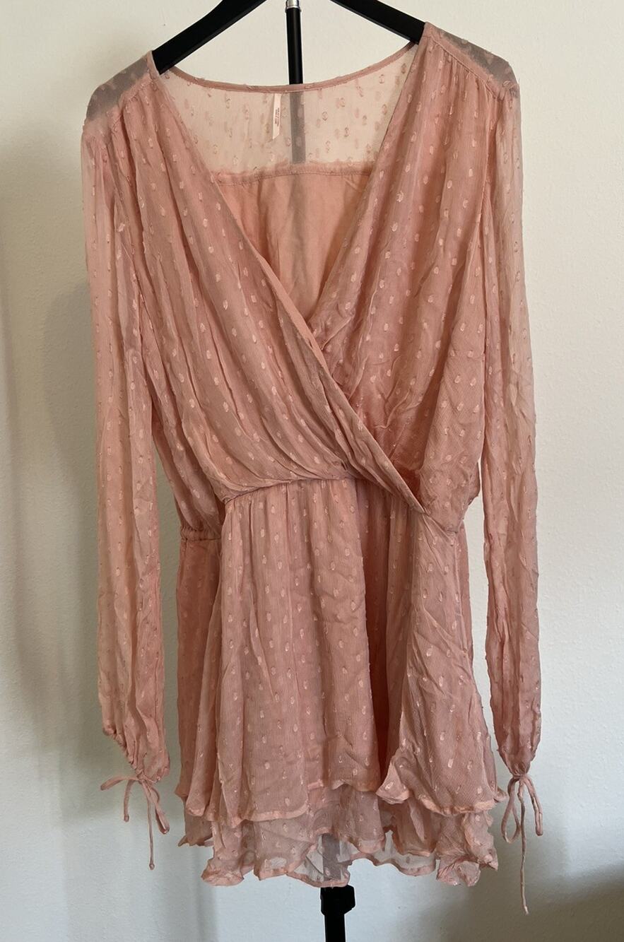Free People Pink Clip Dot Surplice Mini Dress Long Sleeve Tiered Ruffle S Fairy